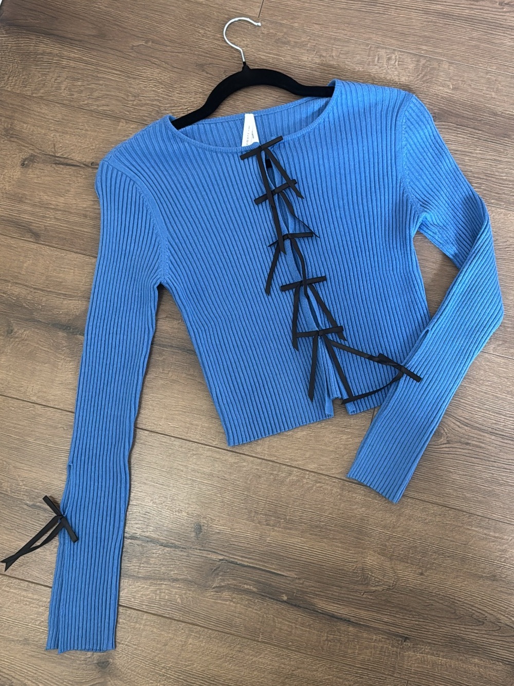 Ribbed Knit Multi-Bow Tie Front Cardigan, Cobalt Blue balletcore sweater